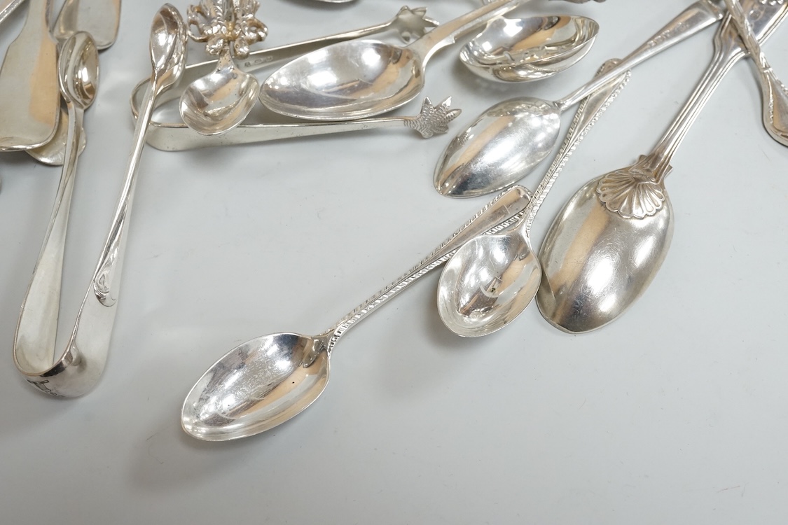 A small group of assorted mainly 20th century silver flatware, including teaspoons, replica spoons, dessert forks, sifter spoon, tea strainer, condiment spoons, Dutch white metal spoons, etc, various dates and makers, 17
